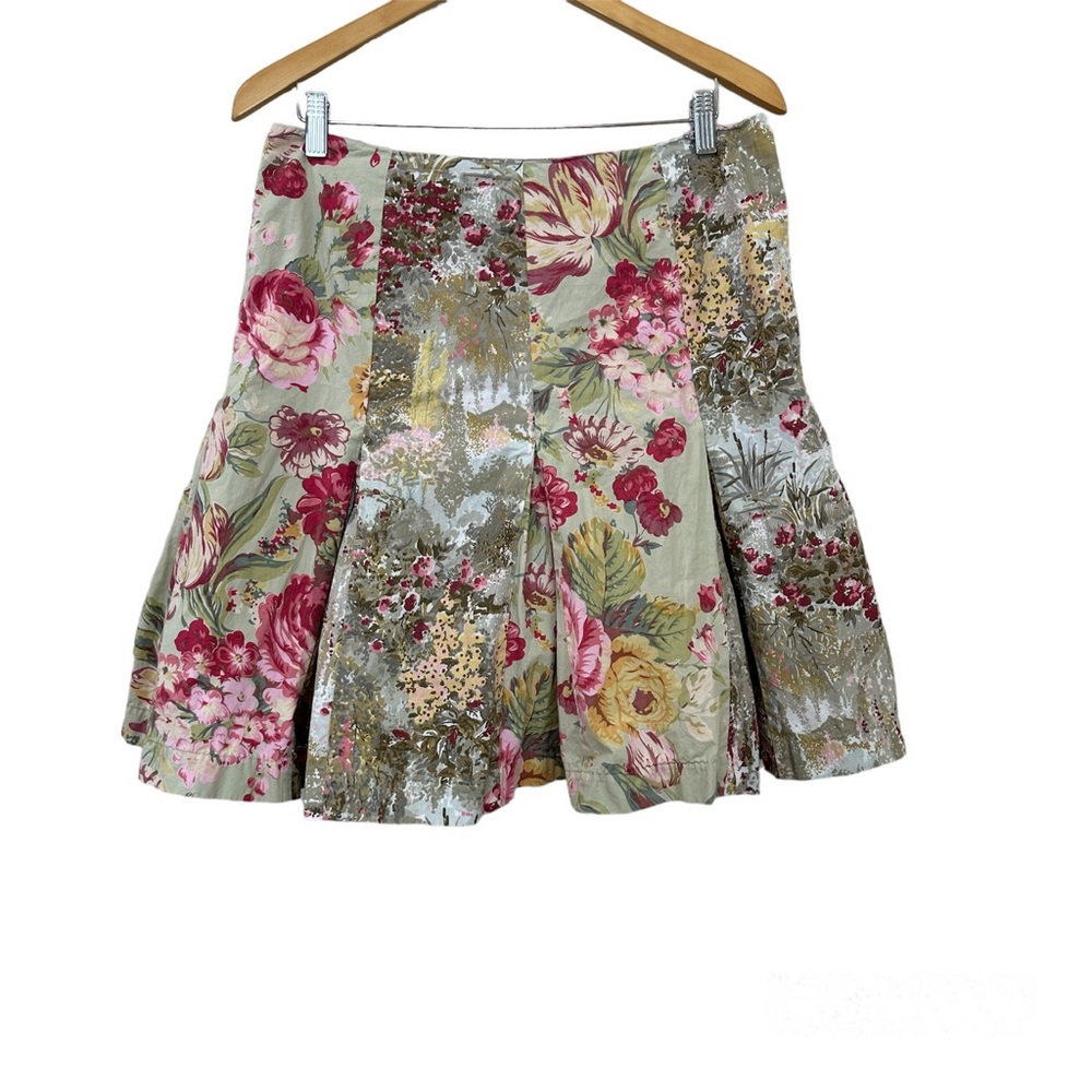 Anthropologie Elevenses Floral Garden Gray Pleated Skirt Cotton Women’s Sz 12
